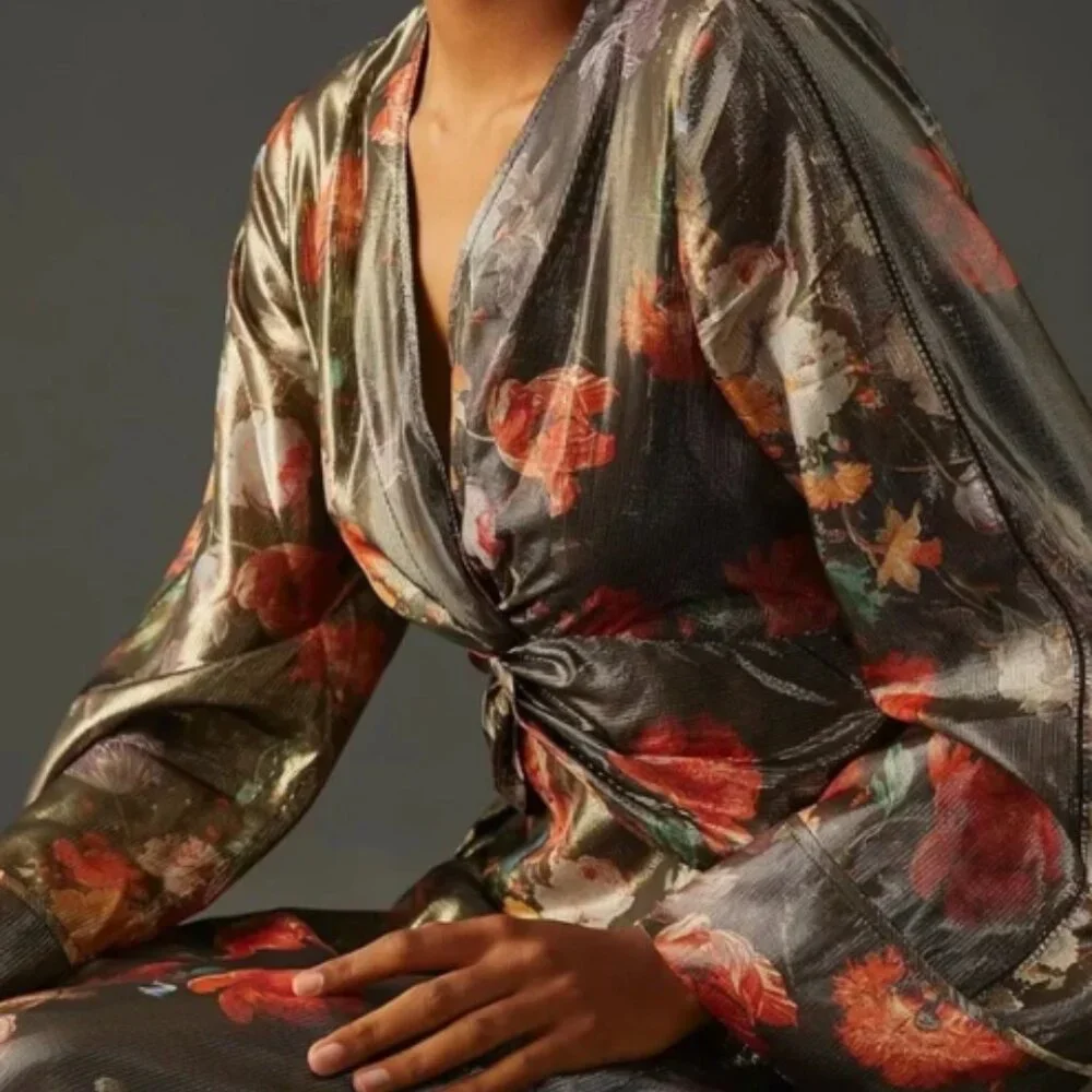 Anthropologie x Caballero Deep-V Maxi Floral Metallic Dress - Picture 3 of 13